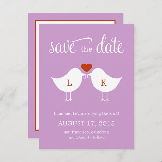 Monogram Birds Save the Date Card Ankündigungspostkarte (Vorne/Hinten)