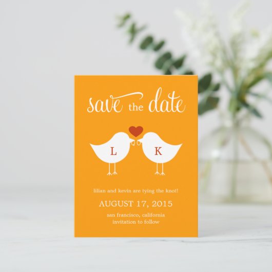 Monogram Birds Save the Date Card Ankündigungspostkarte (Stehend Vorderseite)