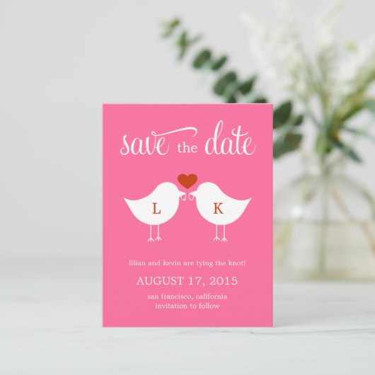 Monogram Birds Save the Date Card Ankündigungspostkarte (Stehend Vorderseite)