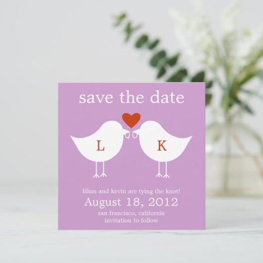 Monogram Birds Save the Date Card - Lila (Stehend Vorderseite)