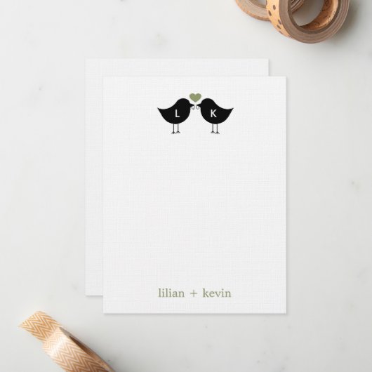 Monogram Birds Wedding Flat Danke Karte - Sage (Vorderseite/Rückseite Beispiel)