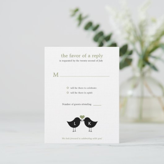 Monogram Birds Wedding RSVP/Response Card - Sage RSVP Karte (Stehend Vorderseite)