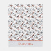 Monogram Birds White Gray Silver Branch Red Berry Fleecedecke (Vorderseite)