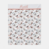 Monogram Birds White Gray Silver Branch Red Berry Fleecedecke (Vorderseite)