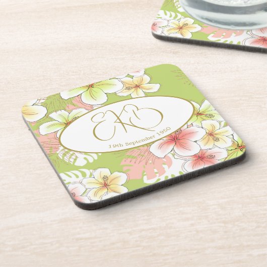 Monogram Birthday Elegant Tropical Getränkeuntersetzer (Linke Seite)