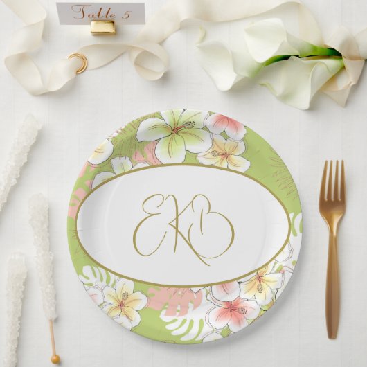 Monogram Birthday Elegant Tropical Pappteller (Hochzeit)