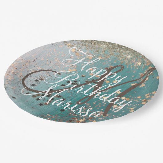 Monogram Birthday Gold Stars auf Aquamarinen  Pappteller (Schrägansicht)