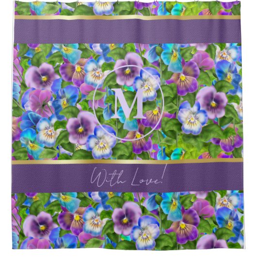 Monogram Birthday Pansy Violet Blume Wasserfarbe Duschvorhang (Vorderseite)