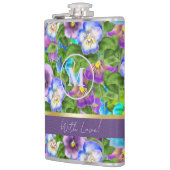 Monogram Birthday Pansy Violet Blume Wasserfarbe Flachmann (Links)