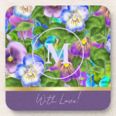 Monogram Birthday Pansy Violet Blume Wasserfarbe Getränkeuntersetzer (Vorderseite)