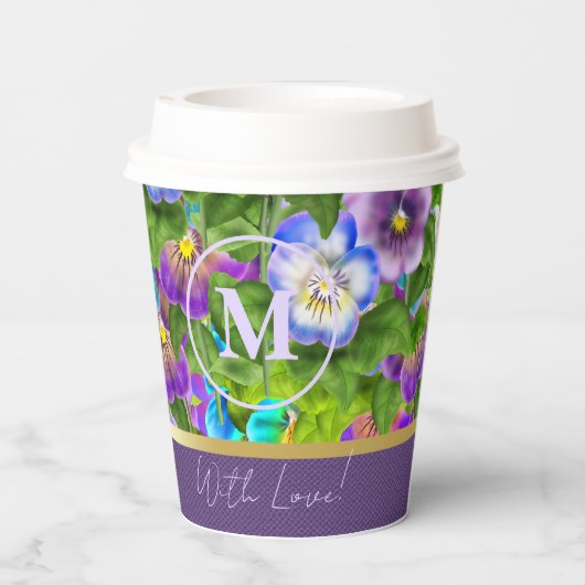 Monogram Birthday Pansy Violet Blume Wasserfarbe Pappbecher (Rückseite)