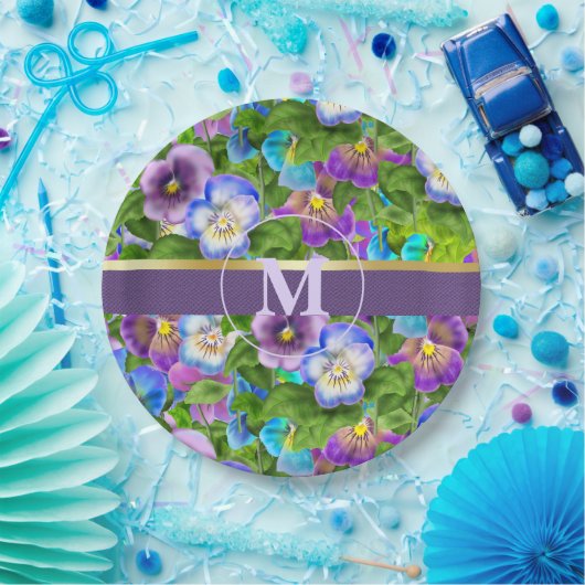Monogram Birthday Pansy Violet Blume Wasserfarbe Pappteller (Party)