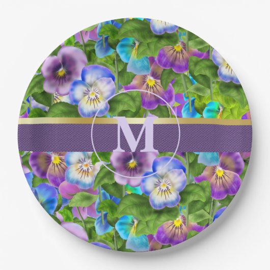 Monogram Birthday Pansy Violet Blume Wasserfarbe Pappteller (Vorderseite)