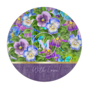 Monogram Birthday Pansy Violet Blume Wasserfarbe Schneidebrett