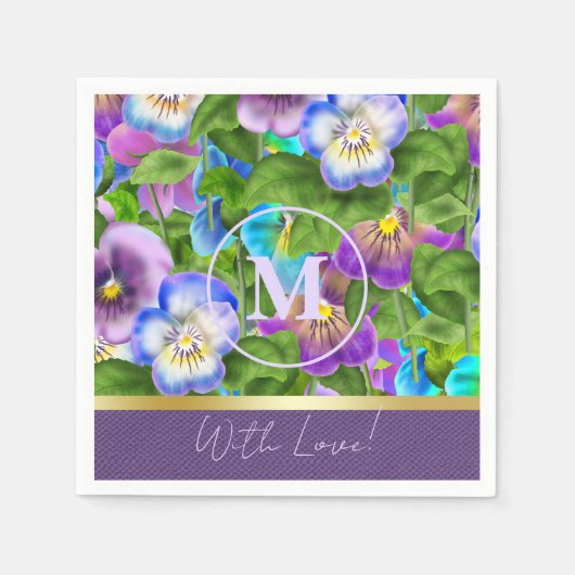 Monogram Birthday Pansy Violet Blume Wasserfarbe Serviette (Vorderseite)