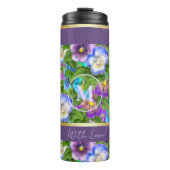Monogram Birthday Pansy Violet Blume Wasserfarbe Thermosbecher (Vorderseite)