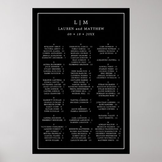 Monogram Black Alphabetical Wedding Seating Chart Poster (Vorne)