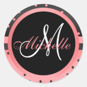 Monogram Black and Coral Polka Dot Runder Aufkleber (Vorderseite)