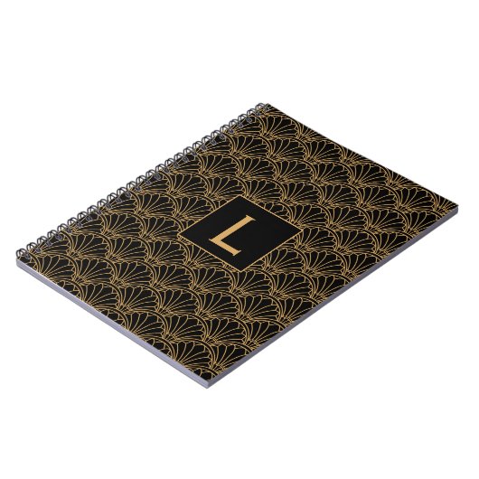Monogram Black and Gold Art Deco Lüftermotiv Blume Notizblock (Linke Seite)