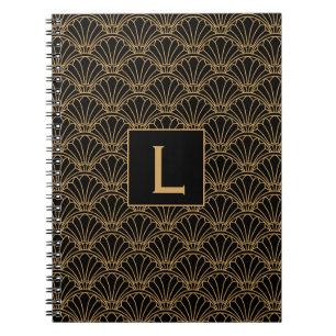 Monogram Black and Gold Art Deco Lüftermotiv Blume Notizblock