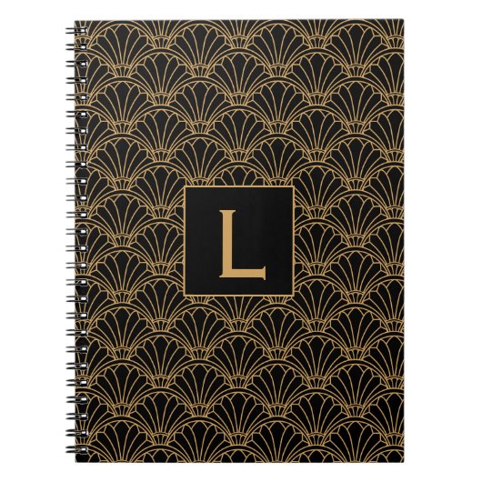 Monogram Black and Gold Art Deco Lüftermotiv Blume Notizblock (Vorderseite)