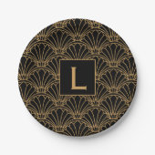 Monogram Black and Gold Art Deco Lüftermotiv Blume Pappteller (Vorderseite)