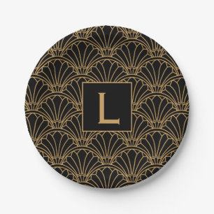 Monogram Black and Gold Art Deco Lüftermotiv Blume Pappteller