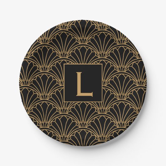 Monogram Black and Gold Art Deco Lüftermotiv Blume Pappteller (Vorderseite)