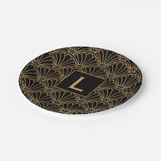 Monogram Black and Gold Art Deco Lüftermotiv Blume Pappteller (Schrägansicht)