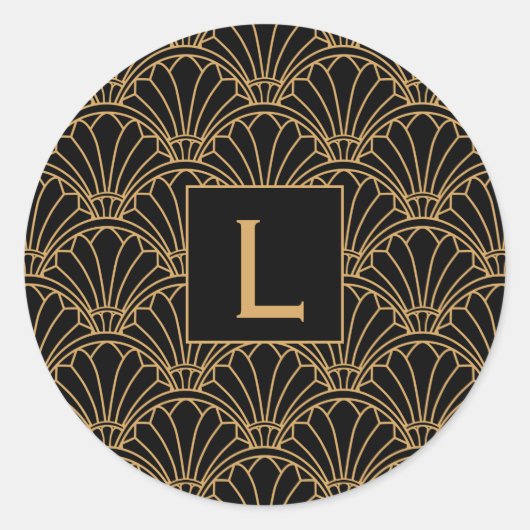 Monogram Black and Gold Art Deco Lüftermotiv Blume Runder Aufkleber (Vorderseite)