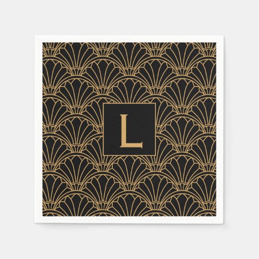 Monogram Black and Gold Art Deco Lüftermotiv Blume Serviette (Vorderseite)