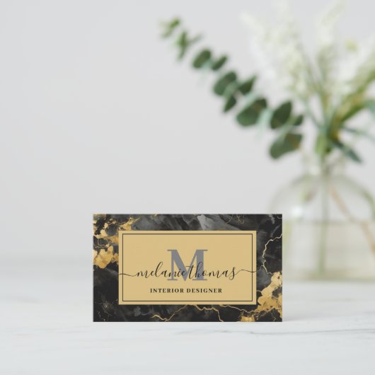 Monogram Black and Gold Marble Visitenkarte (Stehend Vorderseite)