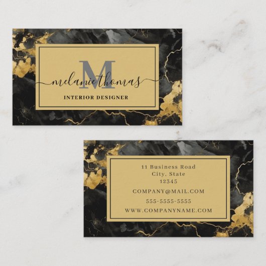 Monogram Black and Gold Marble Visitenkarte (Vorne/Hinten)