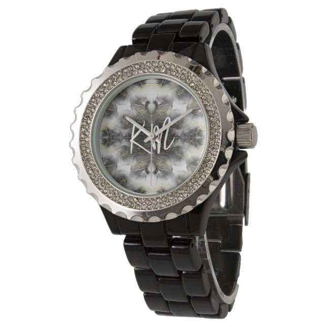 Monogram Black and Gold Pattern on White | Armbanduhr (Schrägansicht)