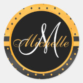 Monogram Black and Golden Yellow Polka Dots Runder Aufkleber (Vorderseite)