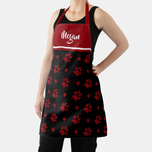 Monogram Black and Red Paw Prints and Polka Dots Schürze (InSitu)
