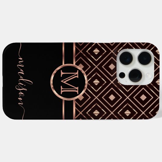 Monogram Black and Rose Gold Diamond Muster Case-Mate iPhone Hülle (Rückseite (Horizontal))
