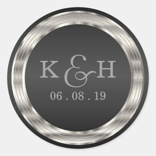 Monogram Black and Silver Metallic Round Labels Runder Aufkleber (Vorderseite)