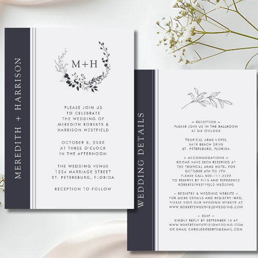 Monogram Black and White All in One Wedding Einladung