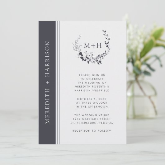 Monogram Black and White All in One Wedding Einladung (Stehend Vorderseite)