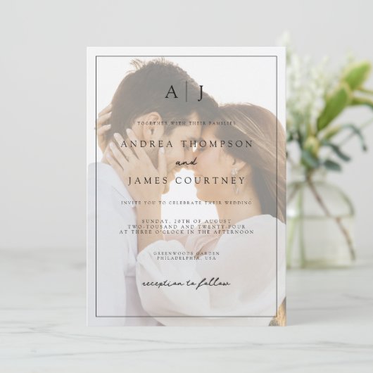 Monogram Black and White Foto Overlay Wedding Einladung (Stehend Vorderseite)