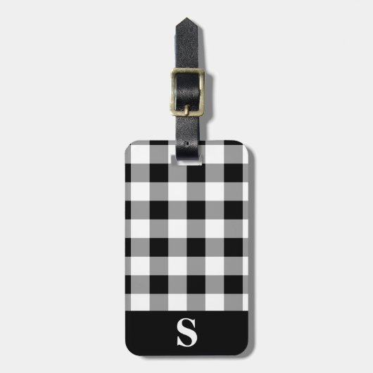 Monogram Black and White Gingham Gepäckanhänger (Vorderseite vertikal)
