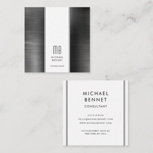 Monogram Black and White Metallic Foil Consultant Quadratische Visitenkarte (Vorne/Hinten)