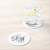 Monogram Black and White Minimalistisch Wedding Sc Runder Pappuntersetzer (Vor Ort)