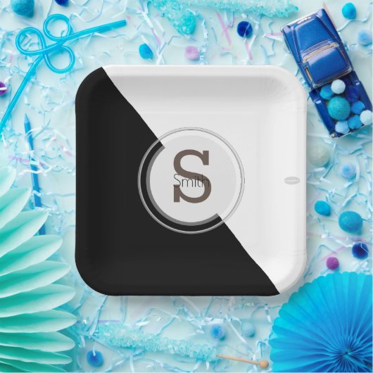 Monogram Black and White Paper Plate HAMbyWG Pappteller (Party)