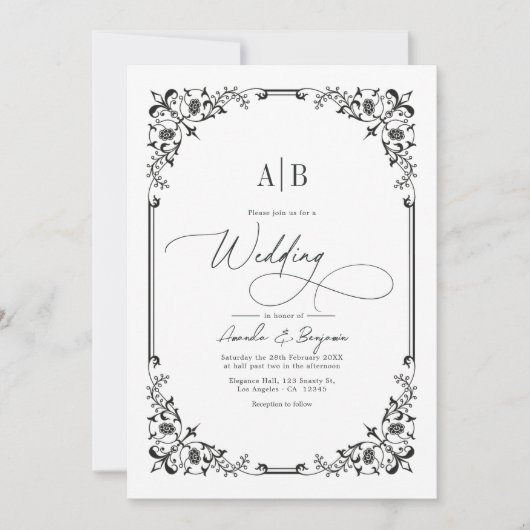 Monogram Black and White Wedding Foto und QR Code Einladung (Vorderseite)