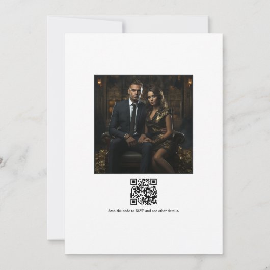 Monogram Black and White Wedding Foto und QR Code Einladung (Rückseite)