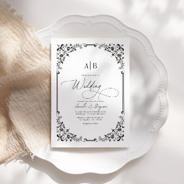 Monogram Black and White Wedding Foto und QR Code Einladung
