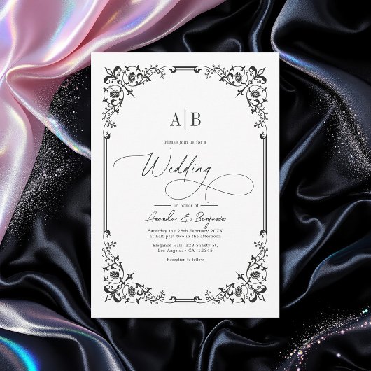 Monogram Black and White Wedding Foto und QR Code Einladung