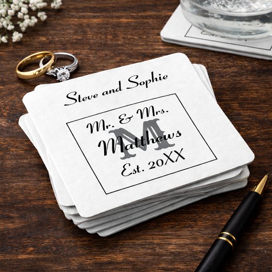 Monogram Black and White Wedding Names Rechteckiger Pappuntersetzer